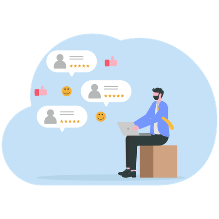 Empresário conduzindo pesquisa online com clientes  Ilustração