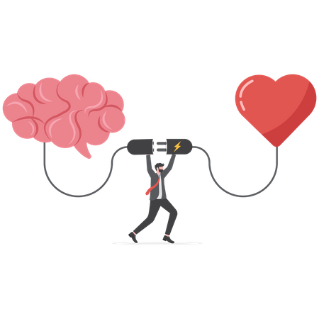El hombre de negocios conecta el sentimiento del corazón con el cerebro de pensamiento lógico  Ilustración