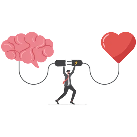 El hombre de negocios conecta el sentimiento del corazón con el cerebro de pensamiento lógico  Ilustración