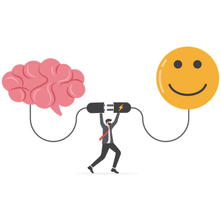 El hombre de negocios conecta el cerebro y el estado de ánimo de felicidad  Ilustración