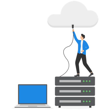 El empresario conecta servidores de almacenamiento a la nube.  Ilustración