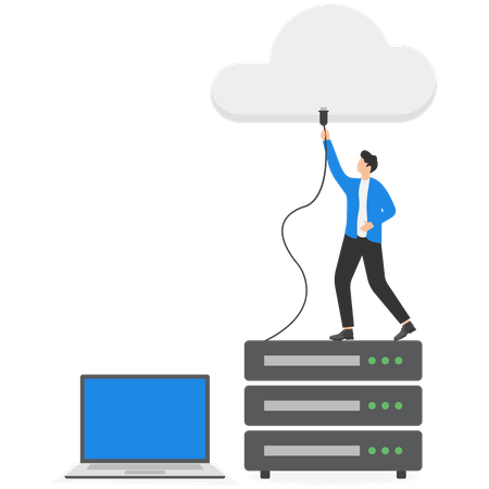 Empresário conecta servidores de armazenamento à nuvem  Ilustração