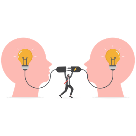 El empresario se conecta para iluminar la idea de una bombilla en la cabeza humana.  Ilustración