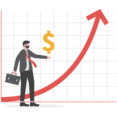 Un hombre de negocios confiado sostiene el dólar con una tabla de crecimiento  Ilustración