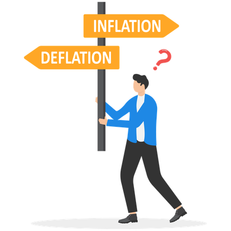 Empresario confundido con signos de inflación y deflación  Ilustración