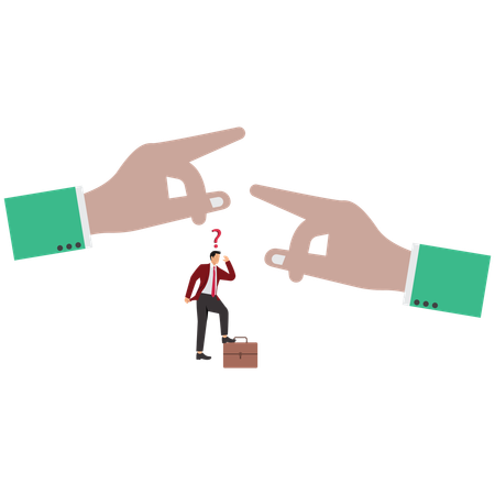 Hombre de negocios confundido por el camino señala con la mano grande  Ilustración