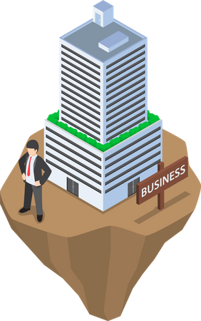 El hombre de negocios construye un edificio de negocios en un terreno inestable  Ilustración