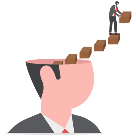 El hombre de negocios construye una escalera creciente desde su cabeza  Ilustración