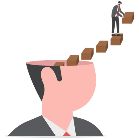 El hombre de negocios construye una escalera creciente desde su cabeza  Ilustración