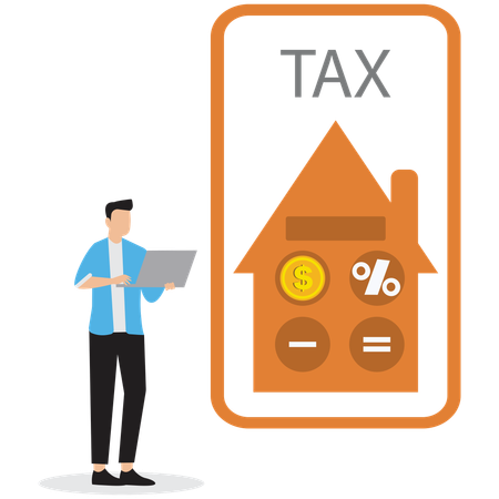 Empresario consultando la calculadora de impuestos en línea  Ilustración