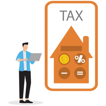 Empresario consultando la calculadora de impuestos en línea  Ilustración