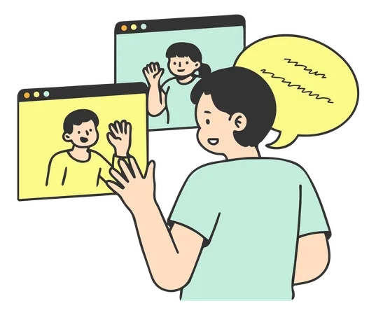 Empresario contacta a compañeros de trabajo a través de videoconferencia  Ilustración