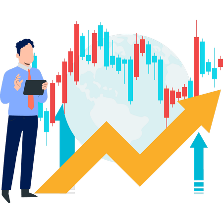 Empresário falando sobre o gráfico do mercado de ações  Ilustração