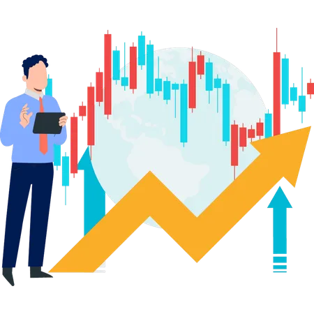 Empresário falando sobre o gráfico do mercado de ações  Ilustração