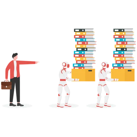 Empresario controlando robot para trabajo de oficina  Ilustración