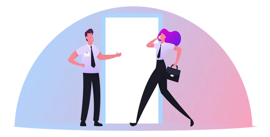 Empresário convida empresária para entrar na relação de escritório pela porta em frente  Ilustração
