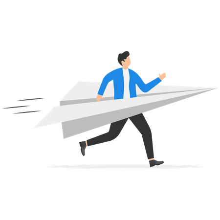 Empresário correndo com avião de origami de papel para o primeiro lançamento  Ilustração