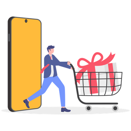 Empresário correndo com carrinho de presentes saindo do laptop  Ilustração