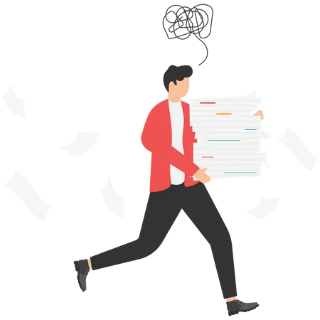 Empresário correndo com uma enorme pilha de documentos  Ilustração