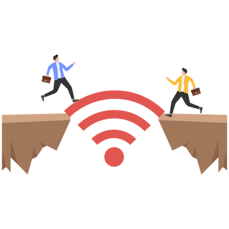 Empresário correndo de terno atravessa o vão entre dois laptops em uma ponte virtual  Ilustração
