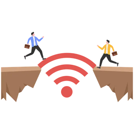 Empresário correndo de terno atravessa o vão entre dois laptops em uma ponte virtual  Ilustração