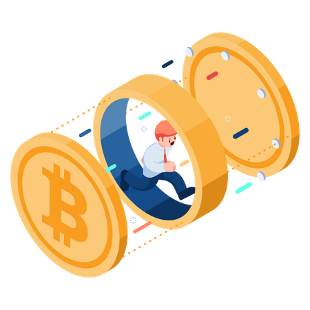 Empresário correndo dentro de bitcoin  Ilustração