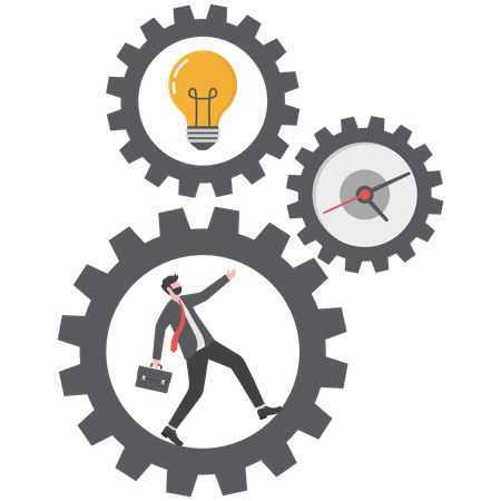 Empresário correndo dentro das engrenagens do tempo e da ideia  Ilustração