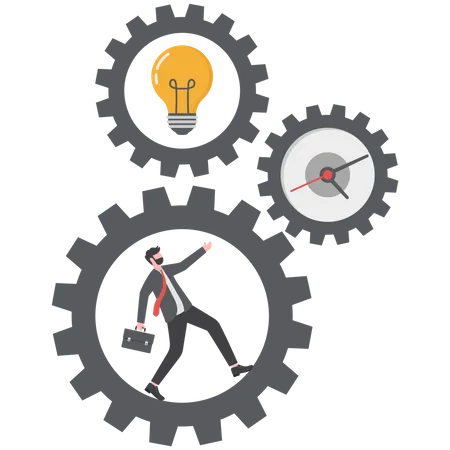 Empresário correndo dentro das engrenagens do tempo e da ideia  Ilustração