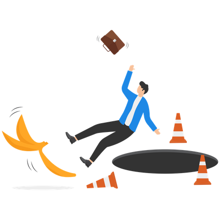 Empresário correndo e escorregando com grandes cascas de banana no chão  Ilustração