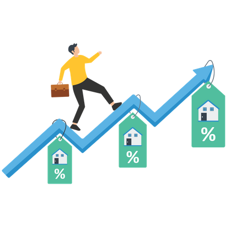 Empresário correndo no gráfico verde crescente na etiqueta de preço da casa  Ilustração