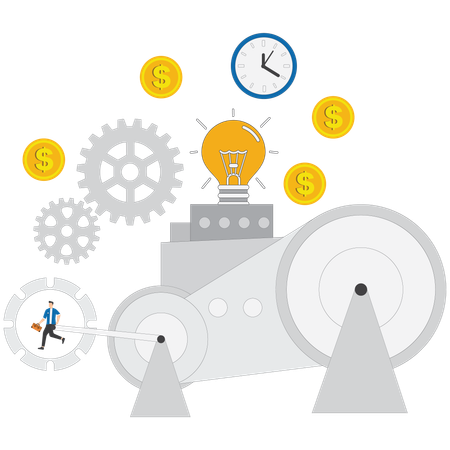 Empresário correndo em roda dentada gerando ideias criativas de negócios para alcançar o sucesso  Ilustração
