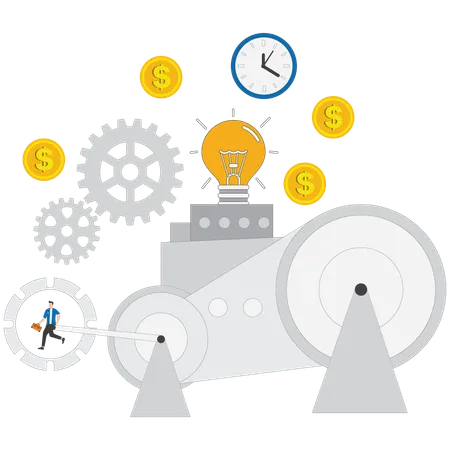 Empresário correndo em roda dentada gerando ideias criativas de negócios para alcançar o sucesso  Ilustração