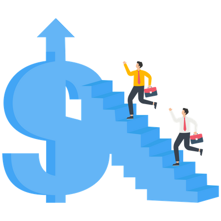 Empresário correndo pelas escadas do dólar do empresário e seta para cima  Ilustração