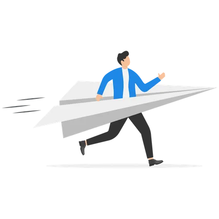 Hombre de negocios corriendo con un avión de origami de papel para el primer lanzamiento  Ilustración