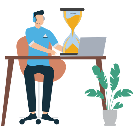 Hombre de negocios corriendo contra el tiempo en su computadora portátil  Ilustración