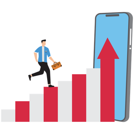 Hombre de negocios corriendo en gráfico, diagrama  Ilustración