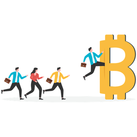 Hombre de negocios corriendo hacia Bitcoin  Ilustración