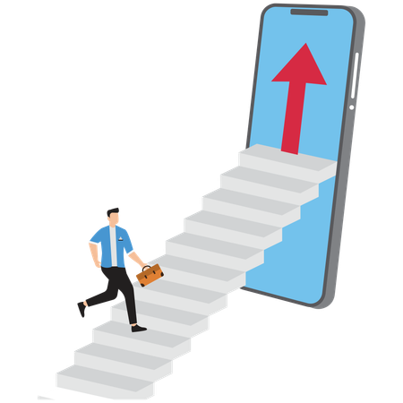 Gráfico de un hombre de negocios corriendo hacia las escaleras  Ilustración