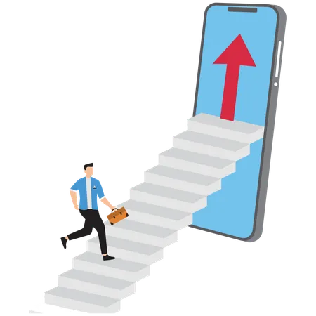 Gráfico de un hombre de negocios corriendo hacia las escaleras  Ilustración