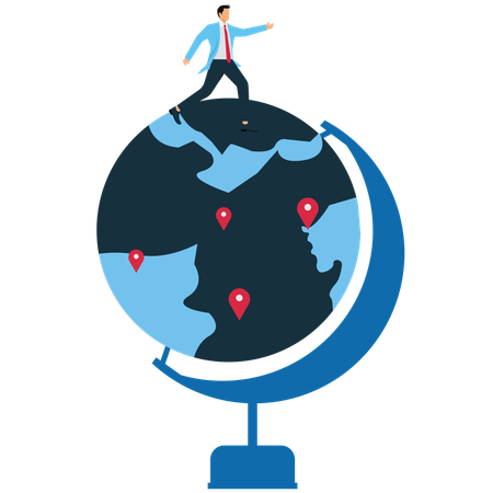 Hombre de negocios corriendo alrededor del mundo con sentido de urgencia  Ilustración