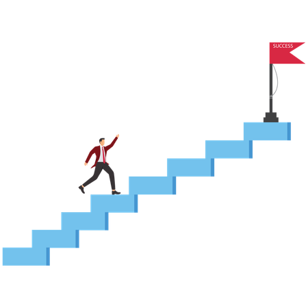 Hombre de negocios corriendo por las escaleras y bandera de la victoria  Ilustración