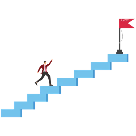 Hombre de negocios corriendo por las escaleras y bandera de la victoria  Ilustración