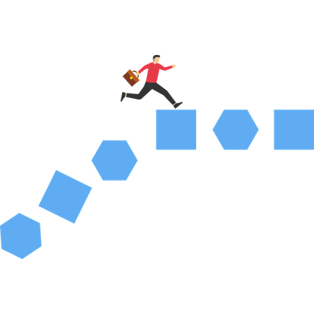 Hombre de negocios corriendo sobre un bloque rectangular que está a punto de derrumbarse  Ilustración