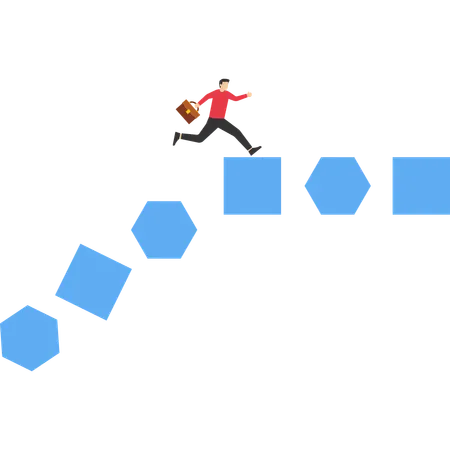 Hombre de negocios corriendo sobre un bloque rectangular que está a punto de derrumbarse  Ilustración