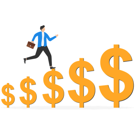 Hombre de negocios corriendo sobre un signo de dólar creciente  Ilustración