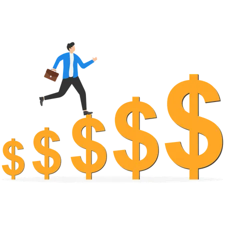 Hombre de negocios corriendo sobre un signo de dólar creciente  Ilustración