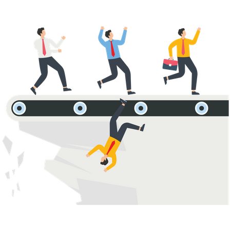 Empresario corriendo sobre una cinta transportadora sobre un acantilado  Ilustración