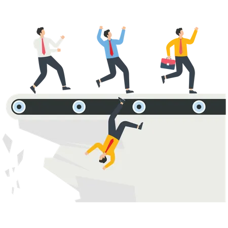 Empresario corriendo sobre una cinta transportadora sobre un acantilado  Ilustración