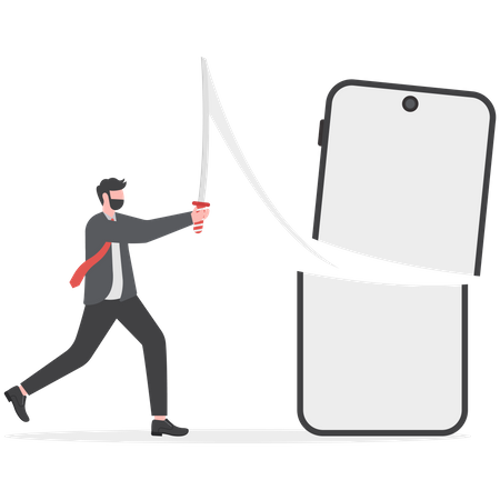 Empresário corta um smartphone com uma espada  Ilustração