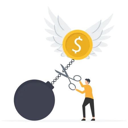 Empresário cortando corrente libera moeda de dinheiro fritando no céu  Ilustração